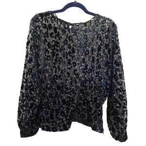 ZARA Burnout Velvet Abstract Print Blouse L Sexy Slits Dolman Sleeve Side Zip